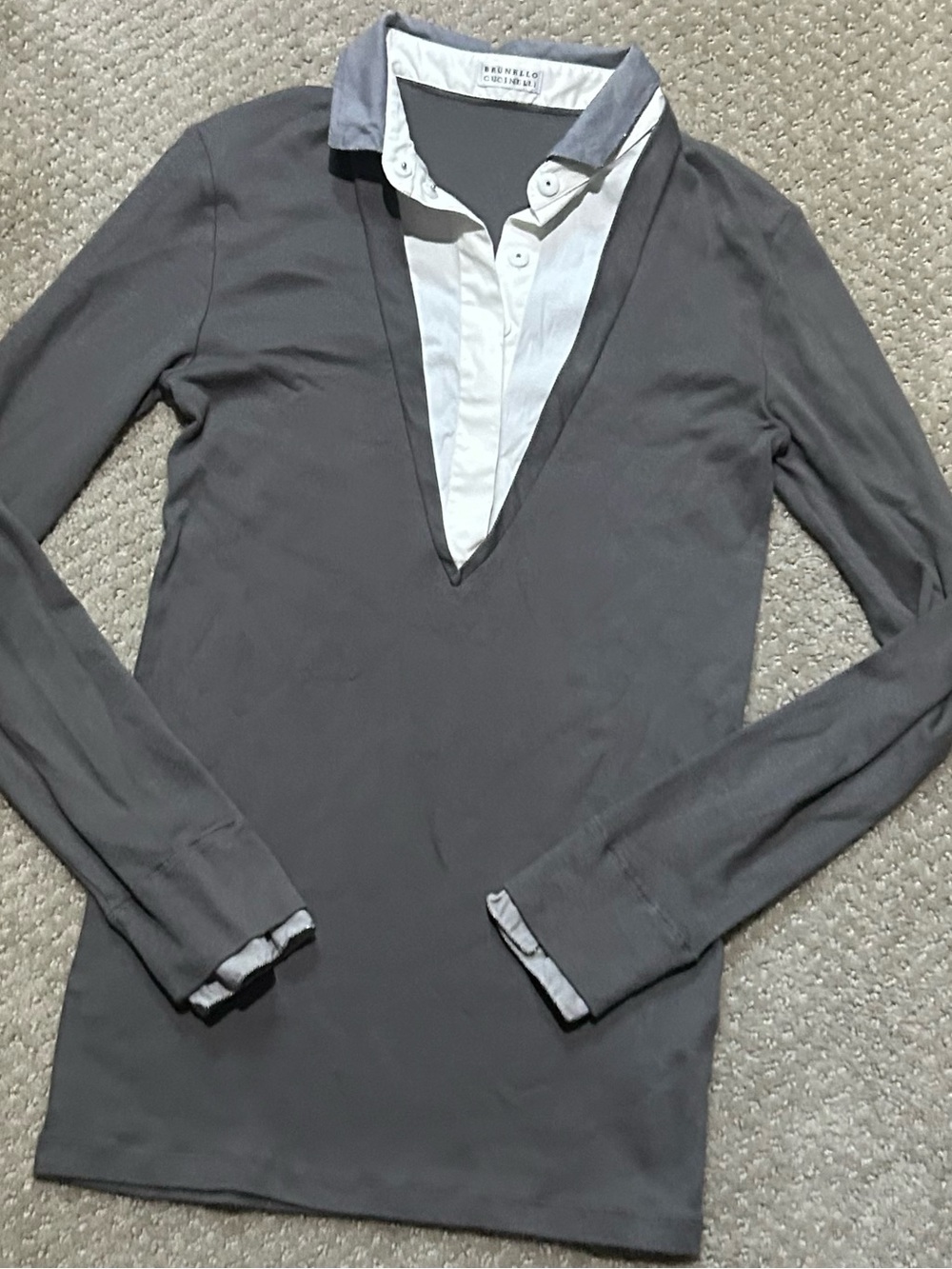 Brunello Cucinelli Gray Long-Sleeve Layered Sweater Shirt with White Placket M